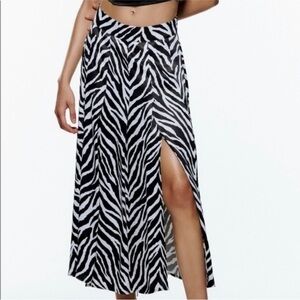 Zara limited edition Black and White Zebra satin slit Midi Skirt